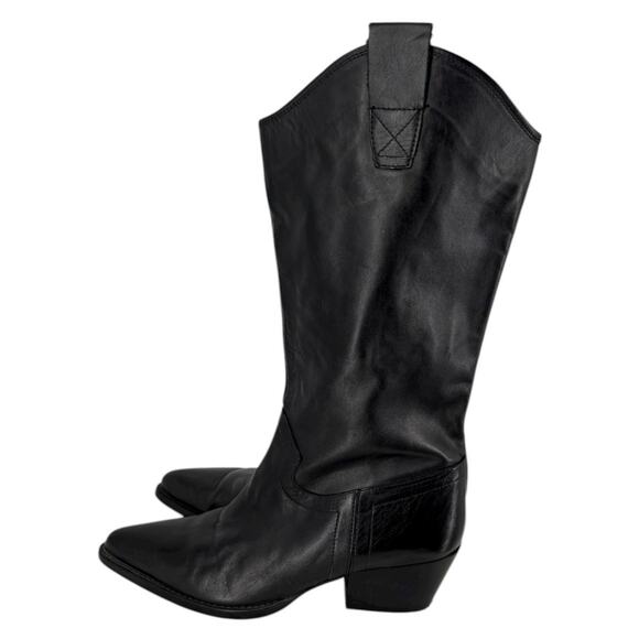 Zara Tall Western Leather Boots Black Womens Size 7.5 Point Toe Cowgirl - Picture 2 of 16